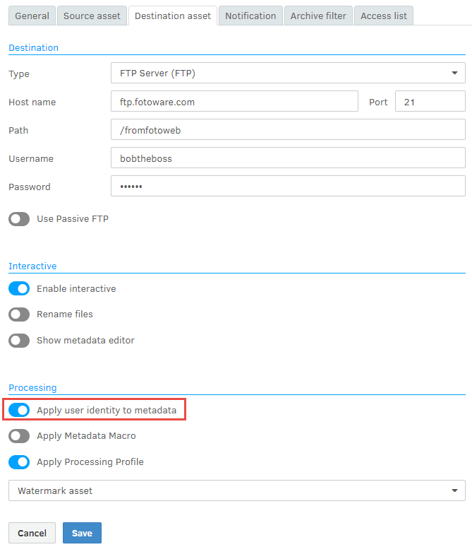 Apply user identity to metadata in an action