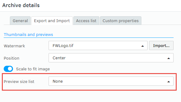 Applying a preview size list to an archive