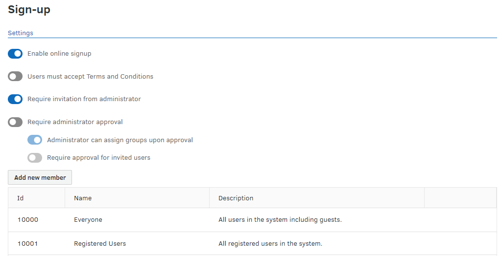 Settings that control requirements for users who sign up for a FotoWare account