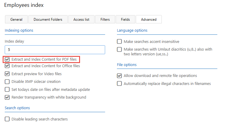 Settings that control PDF indexing