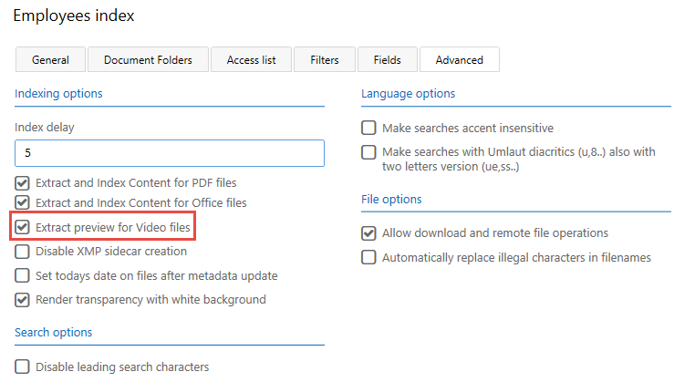 Settings that control video file indexing when Index Manager is connected to FotoWeb