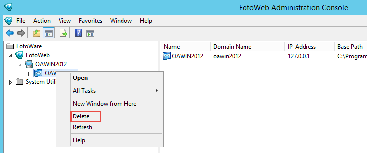 Deleting a site using the FotoWeb Admin Console