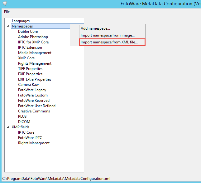 Importing a namespace from an XML file