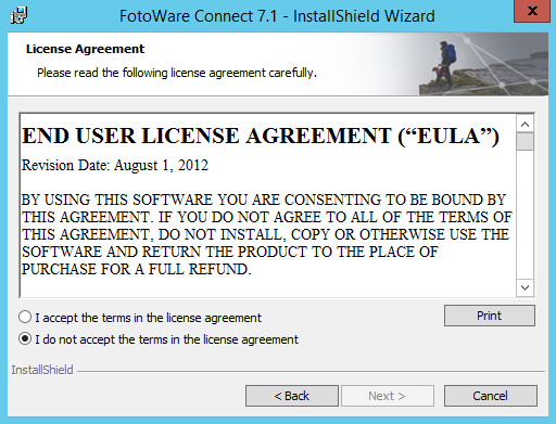 FotoWare Connect End User License Agreement during install